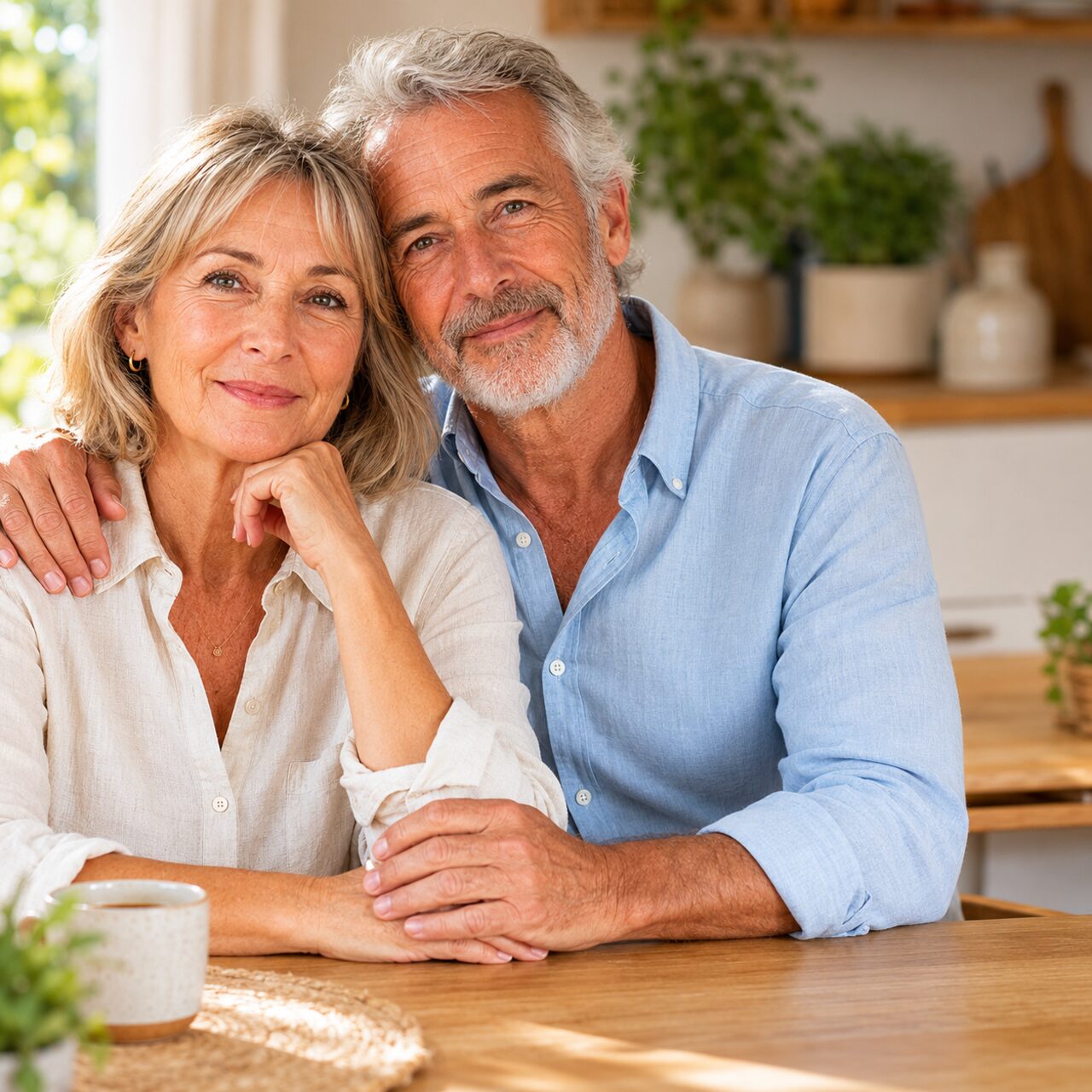 Couple senior souriant dans leur cuisine, illustrant un quotidien serein avec une bonne couverture santé