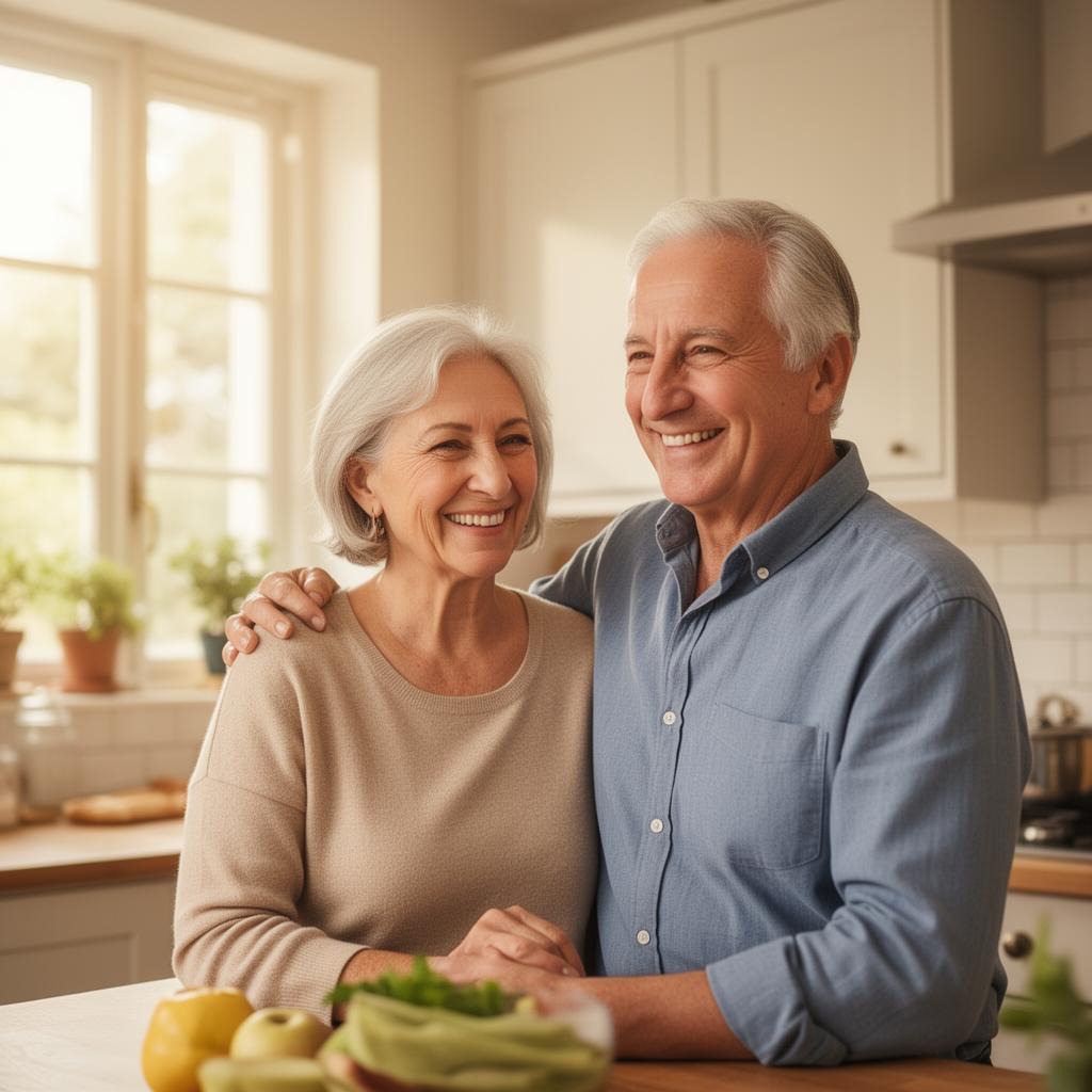 Couple senior souriant à la maison